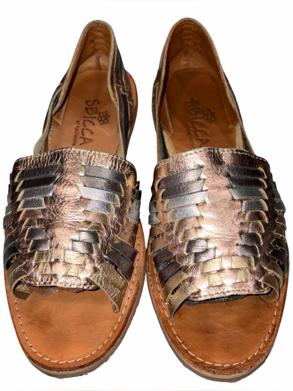 Sbicca Jared Metallic Leather Open Toe Huarache Flats Sandals Shoes size 7